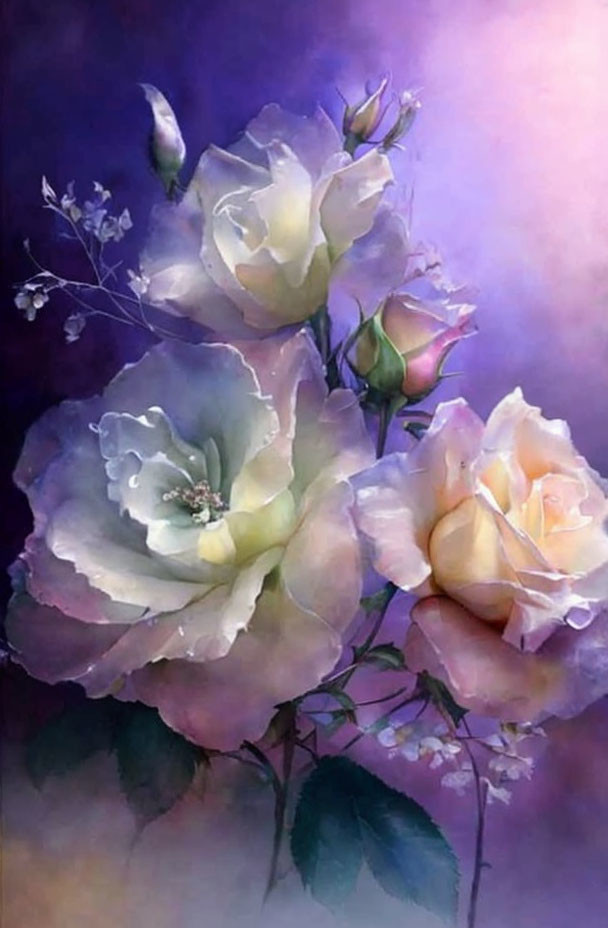 Delicate roses in white and pink against moody purple background