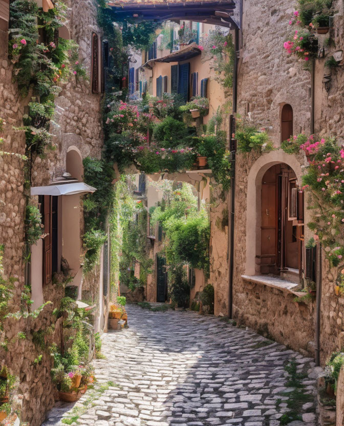 Stone-walled alley with lush greenery and pink flowers