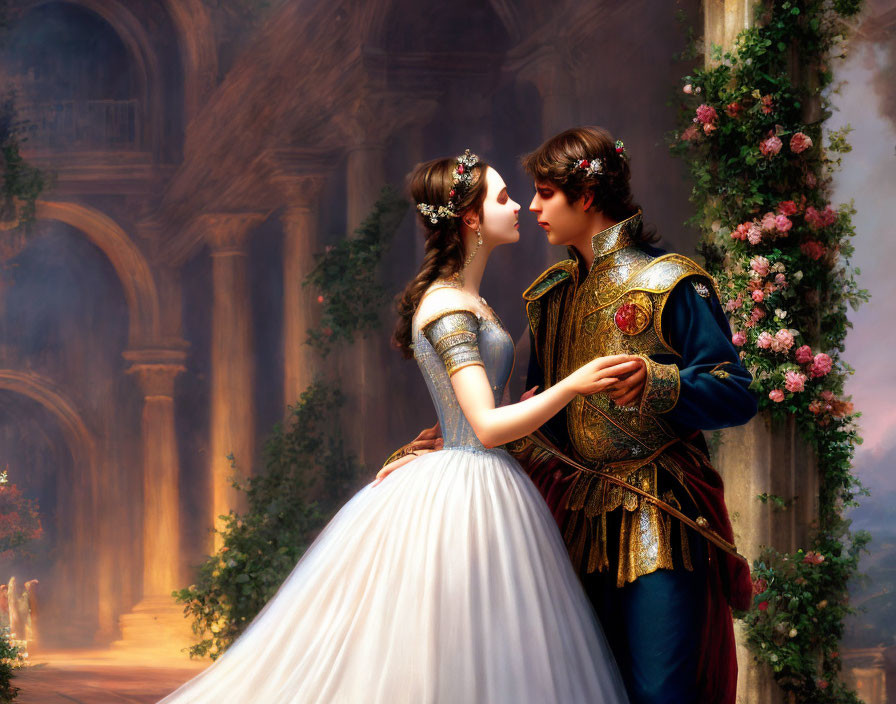 Romantic medieval couple in grand vine-covered hall