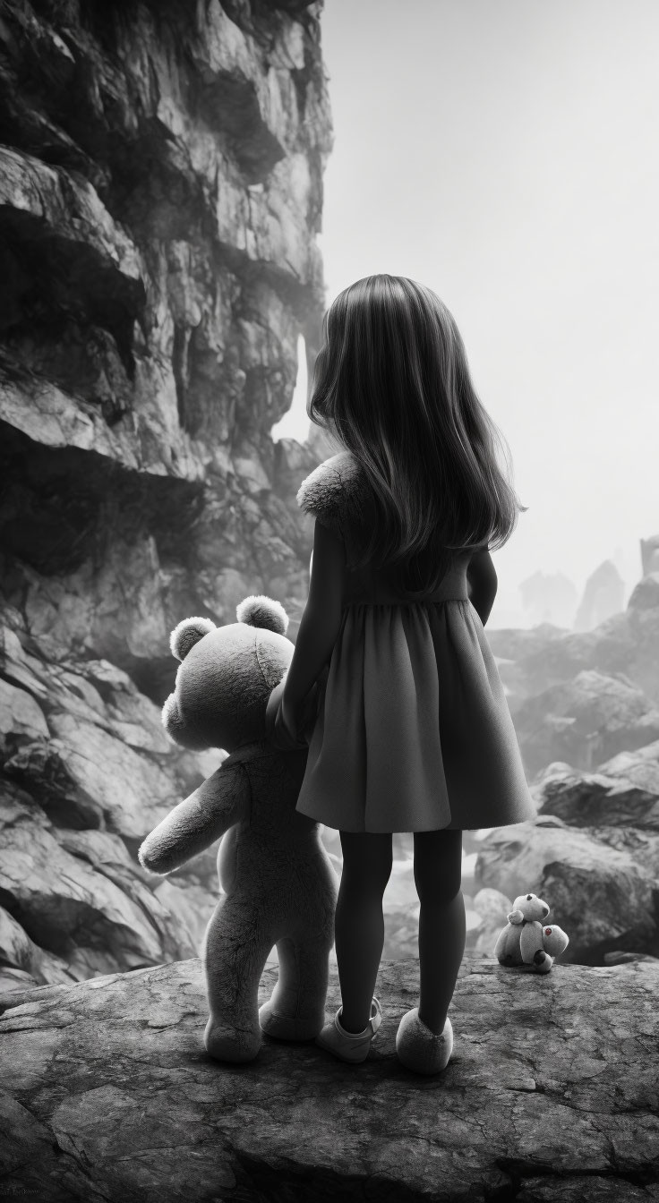 Girl and teddy bear on rock above misty canyon with second teddy bear.