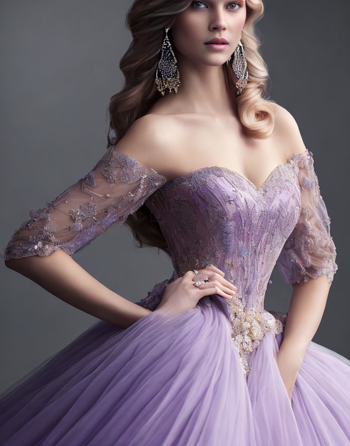 Elegant Woman in Lilac Ball Gown and Chandelier Earrings