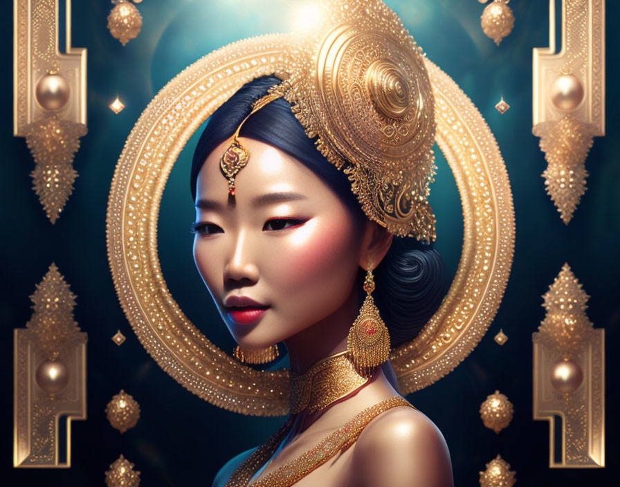 Woman in Ornate Gold Jewelry on Golden Background