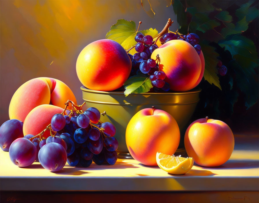 Colorful Still Life Painting with Peaches and Grapes in Warm Lighting