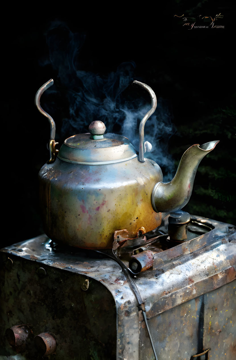 Weathered kettle on rusty stove with steam - dark background