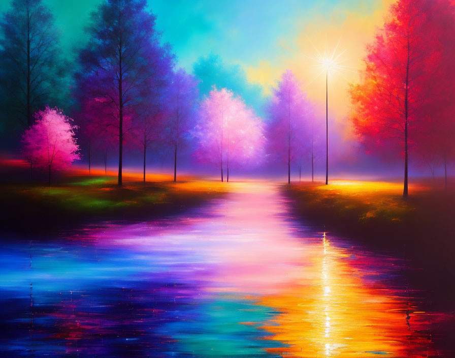 Colorful Magical Forest Landscape with Pink, Purple, and Blue Trees