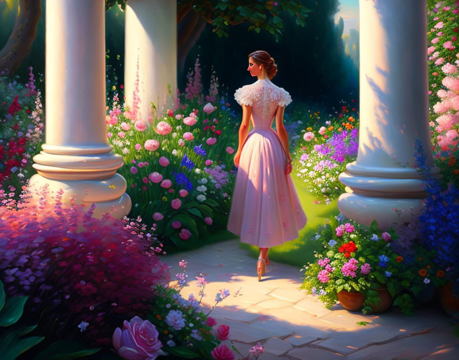 Woman in Pink Dress Strolling in Sunlit Garden