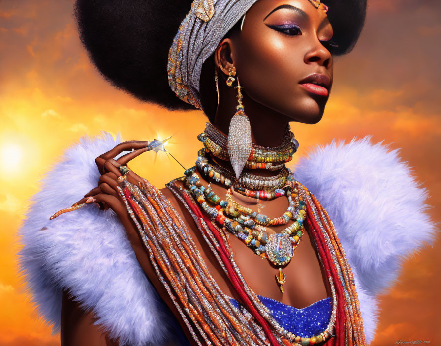 Elegant woman with opulent jewelry and blue gemstone in headdress and white fur, against golden