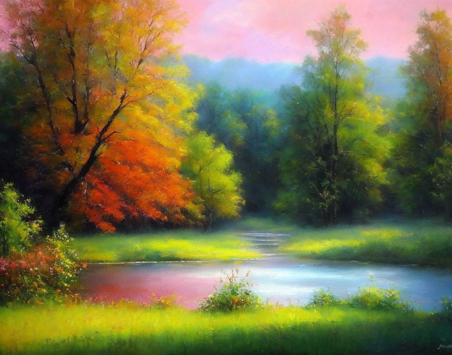 Tranquil forest landscape with autumn foliage and gentle stream