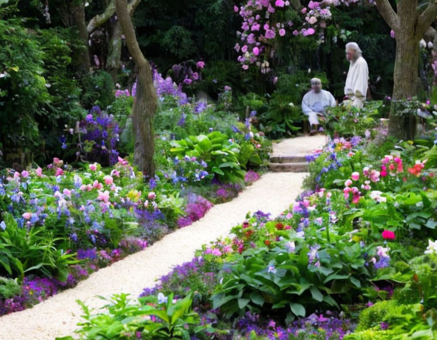 Colorful Garden Path with Lush Flowers and Two People