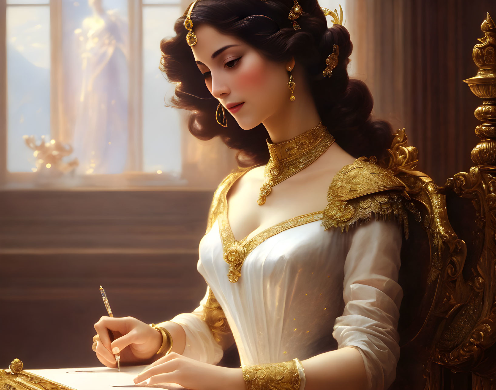 Historical woman writing letter in elegant attire with ornate jewelry.