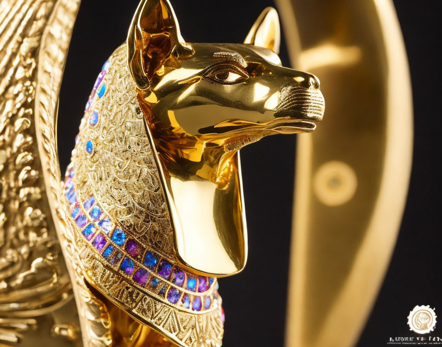 Intricate Gold and Enamel Anubis Statue on Dark Background