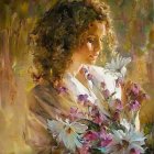 Curly-haired woman with flowers in dreamy setting.