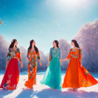 Four Women Walking Hand in Hand in Colorful Dresses in Snowy Landscape