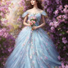 Woman in floral crown and blue gown among pink blossoms with bouquet