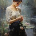 Woman in white blouse and dark skirt holding flower by waterbody with watercolor blooms and soft light.