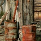 Abandoned tools and rusty barrels against wooden shed wall