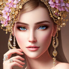 Digital Artwork: Woman with Blue Eyes & Golden Floral Accessories