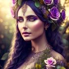 Woman with Violet Eye Makeup and Floral Headpiece in Gold Chain, Bokeh Background