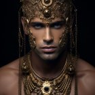 Portrait of a person with blue eyes and gold jewelry on dark background