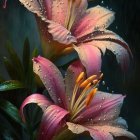 Colorful pink and yellow lilies in rain with glistening water droplets