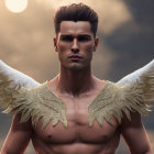 Male Figure with Angel Wings and Golden Shoulder Accessory in Serious Pose