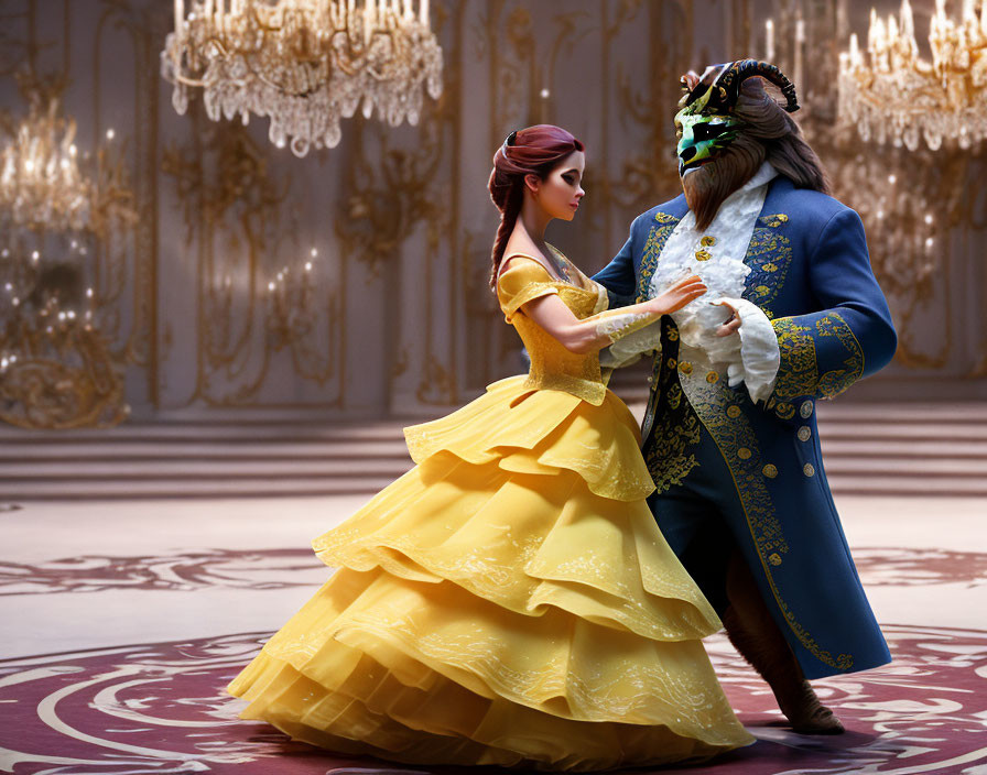 Woman in yellow ball gown dances with beast in blue coat in opulent ballroom