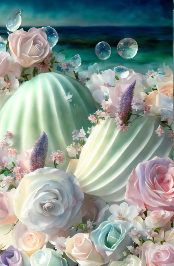 Green dome with pastel roses and purple florals against seascape.