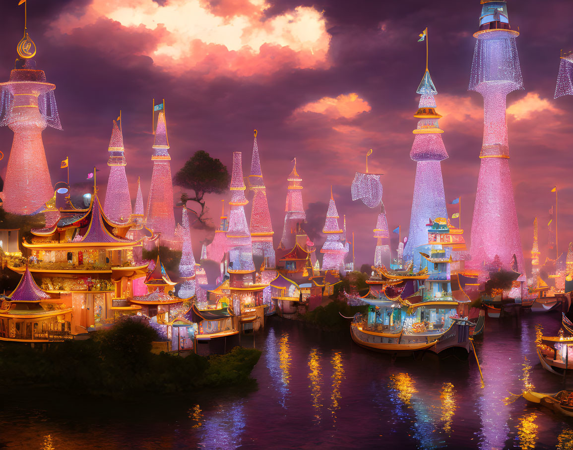 Vibrant fantasy cityscape with sparkling towers and serene river