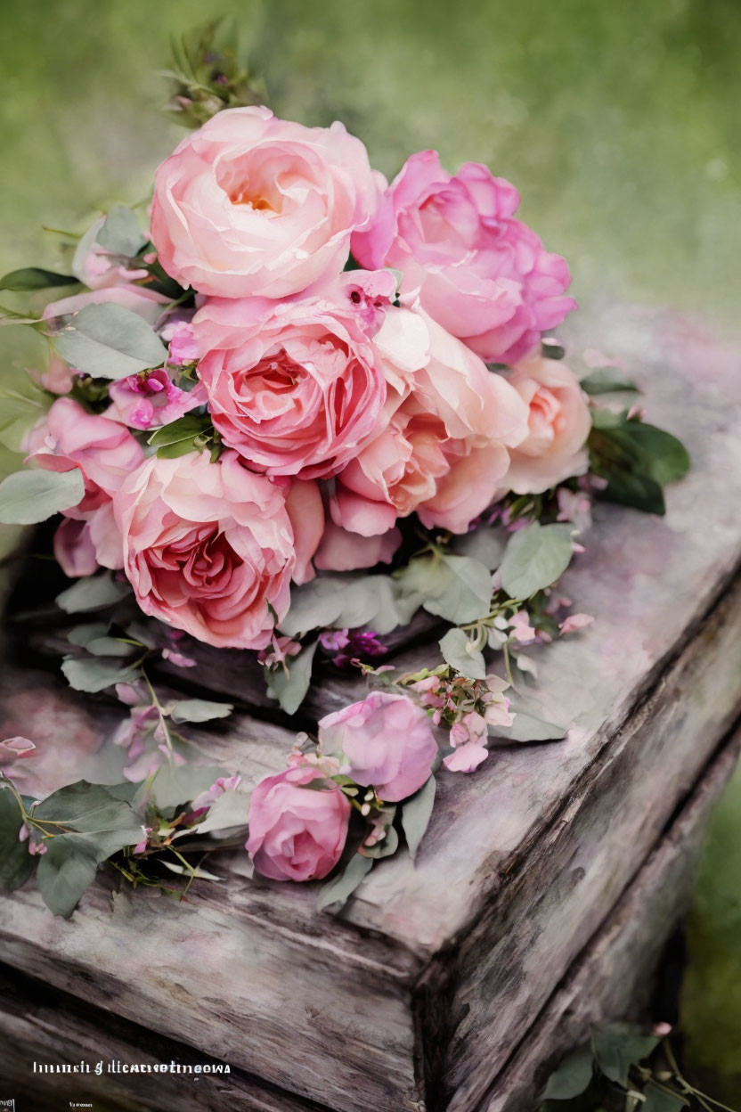 Pink Roses and Small Flowers on Weathered Wooden Surface