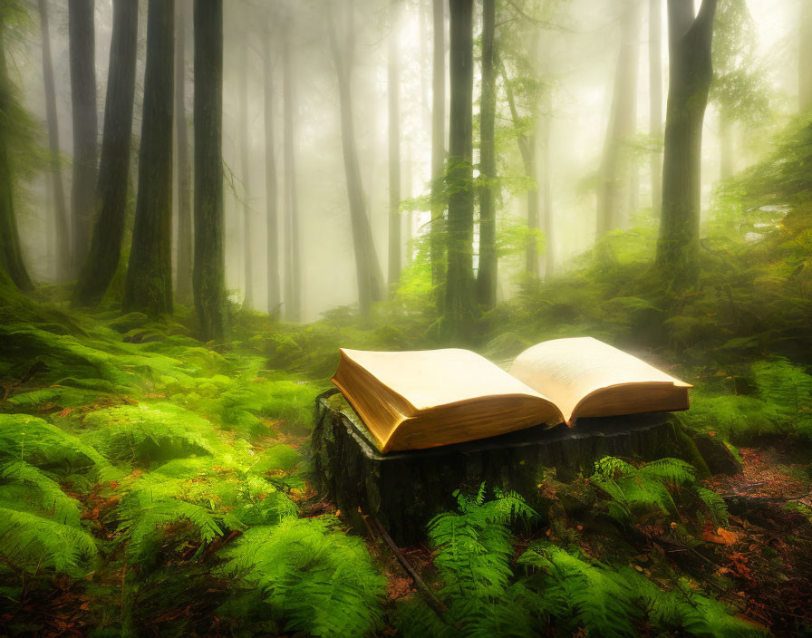 Open Book on Tree Stump in Lush Forest Setting