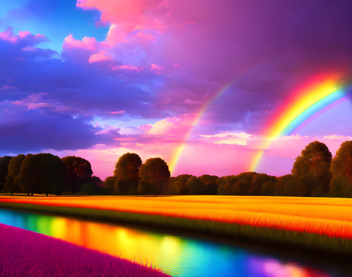 Colorful surreal landscape with vibrant rainbow arching overhead