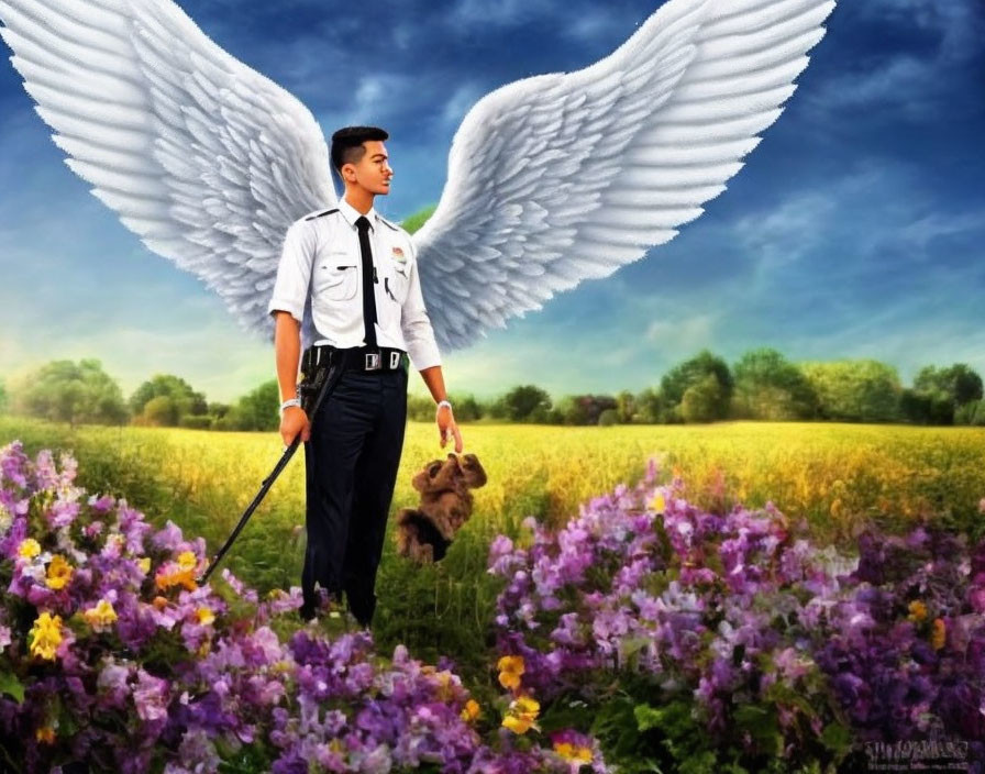 Man in white uniform with angel wings in flower field holding bear on leash