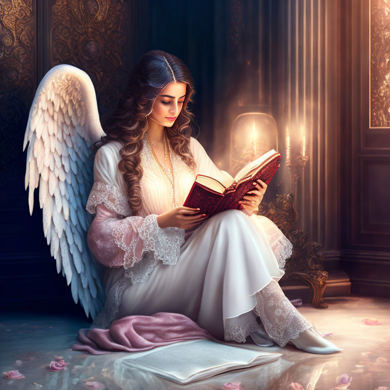 White-winged angel reading book in dark room with rose petals