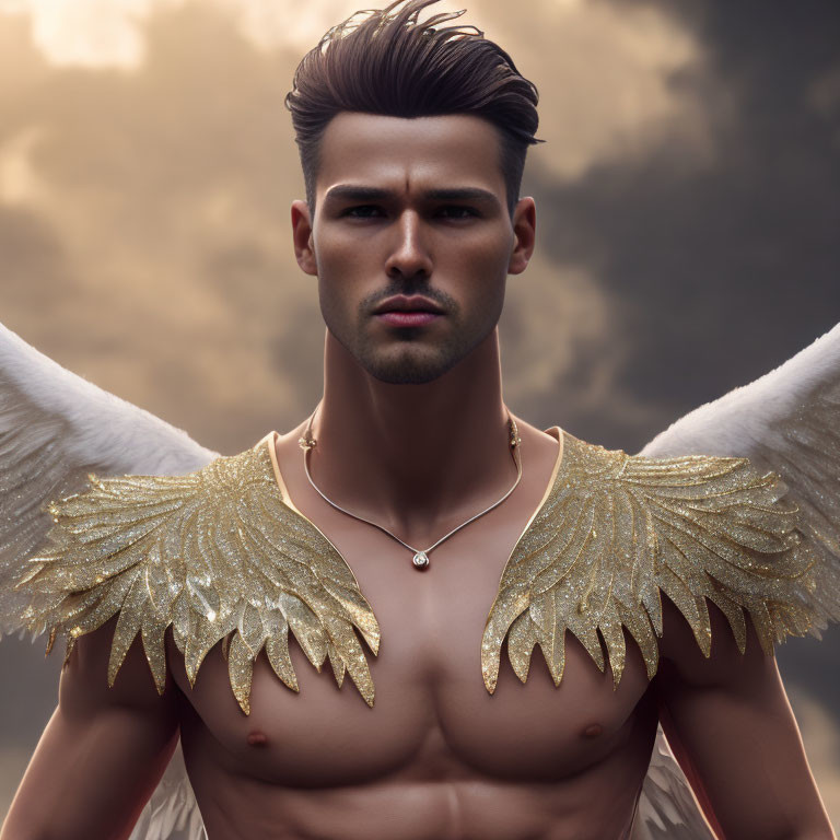 Male Figure with Angel Wings and Golden Shoulder Accessory in Serious Pose