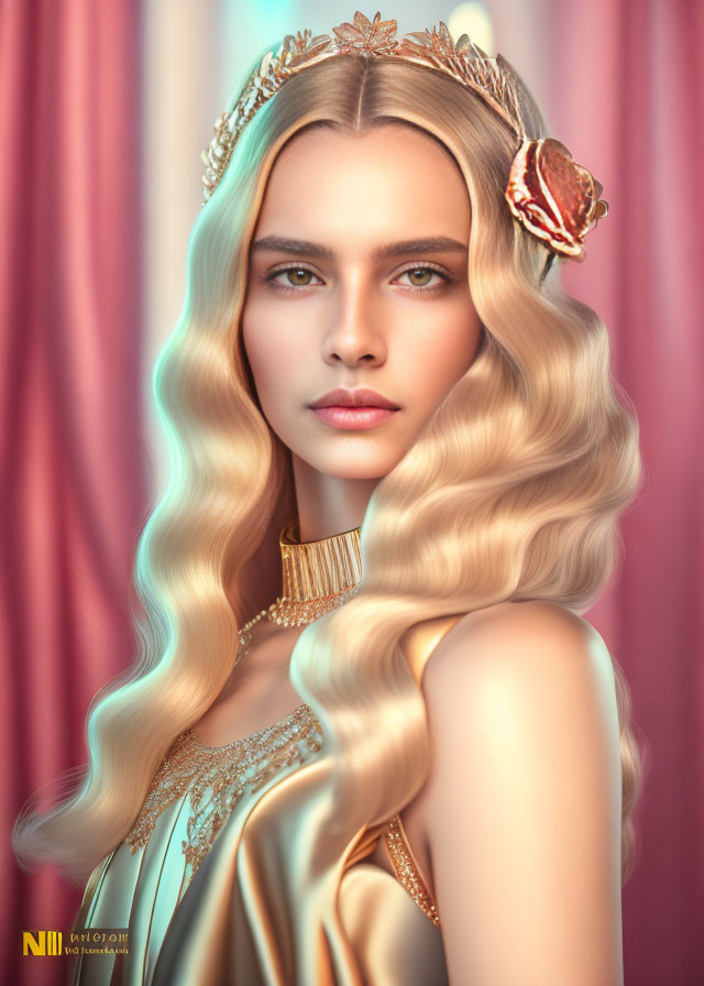 Blonde woman with gold tiara and butterfly hair accessory on pink backdrop