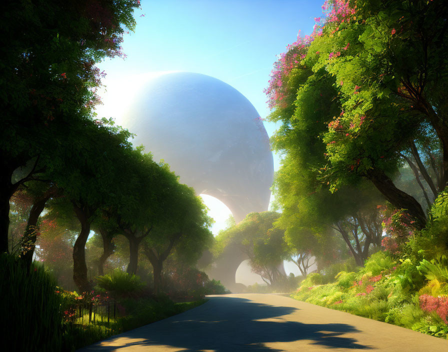 Tranquil pathway with misty sky and celestial body