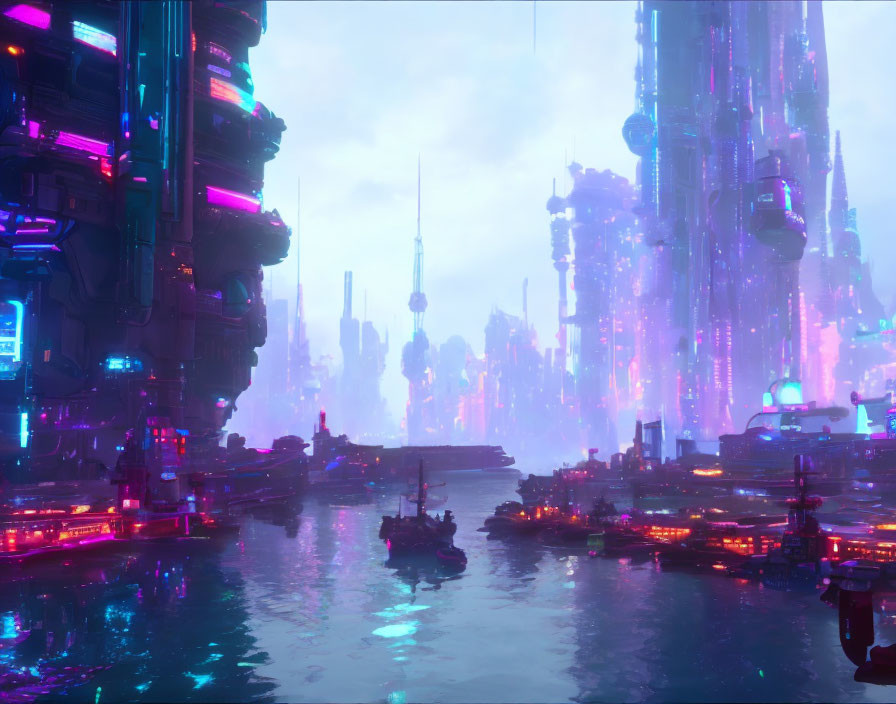 Futuristic cityscape at dusk: high-rises, neon lights, flying vehicles