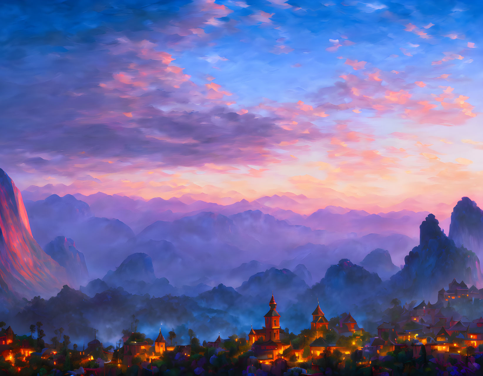 Colorful mountain landscape at dawn with village nestled among peaks