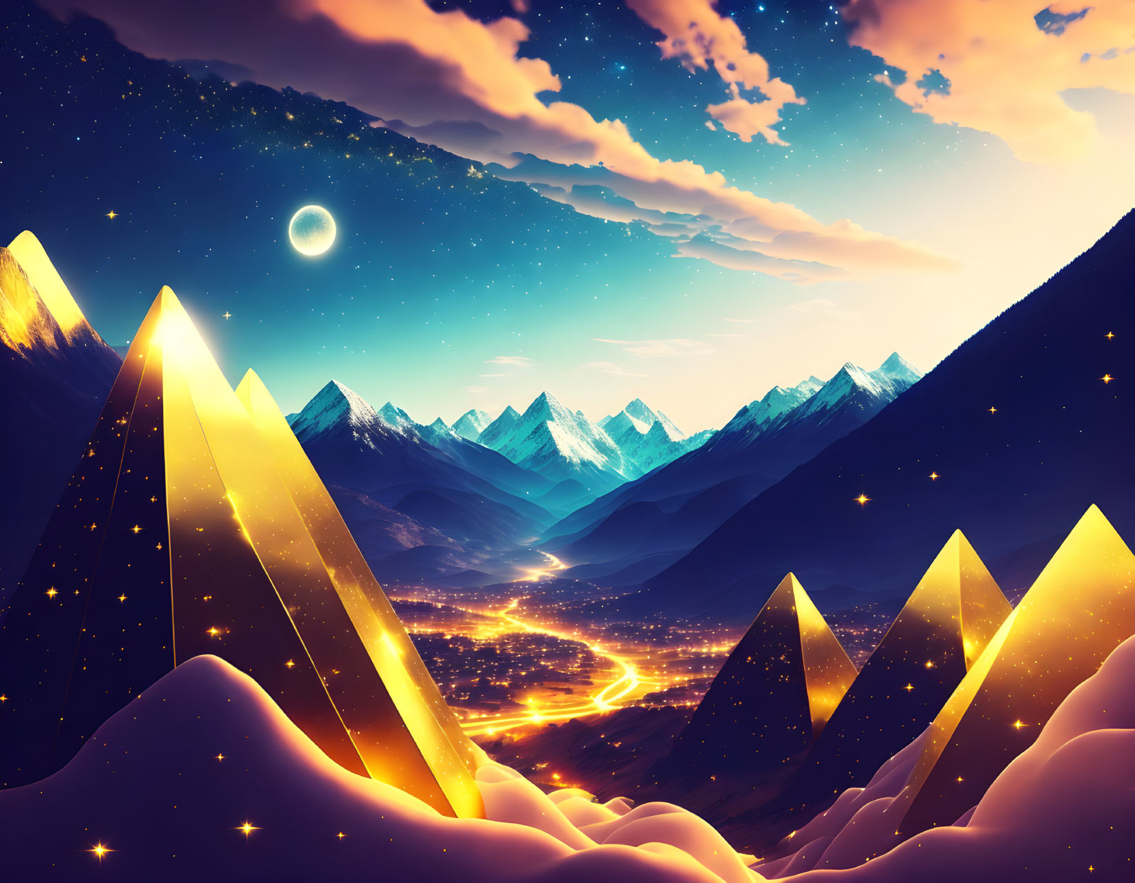 Fantasy landscape with glowing golden peaks and crescent moon