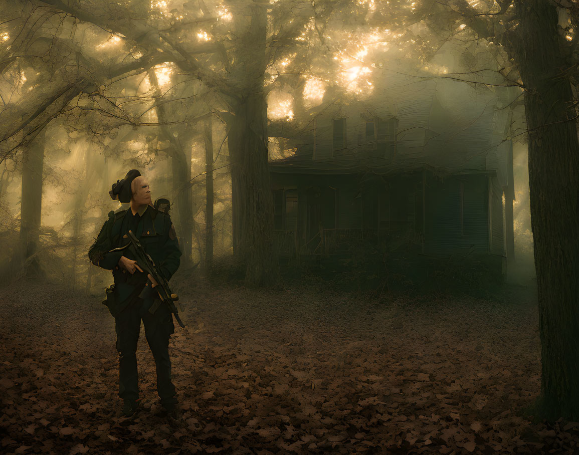 Military person in uniform near foggy forest house under sunlight