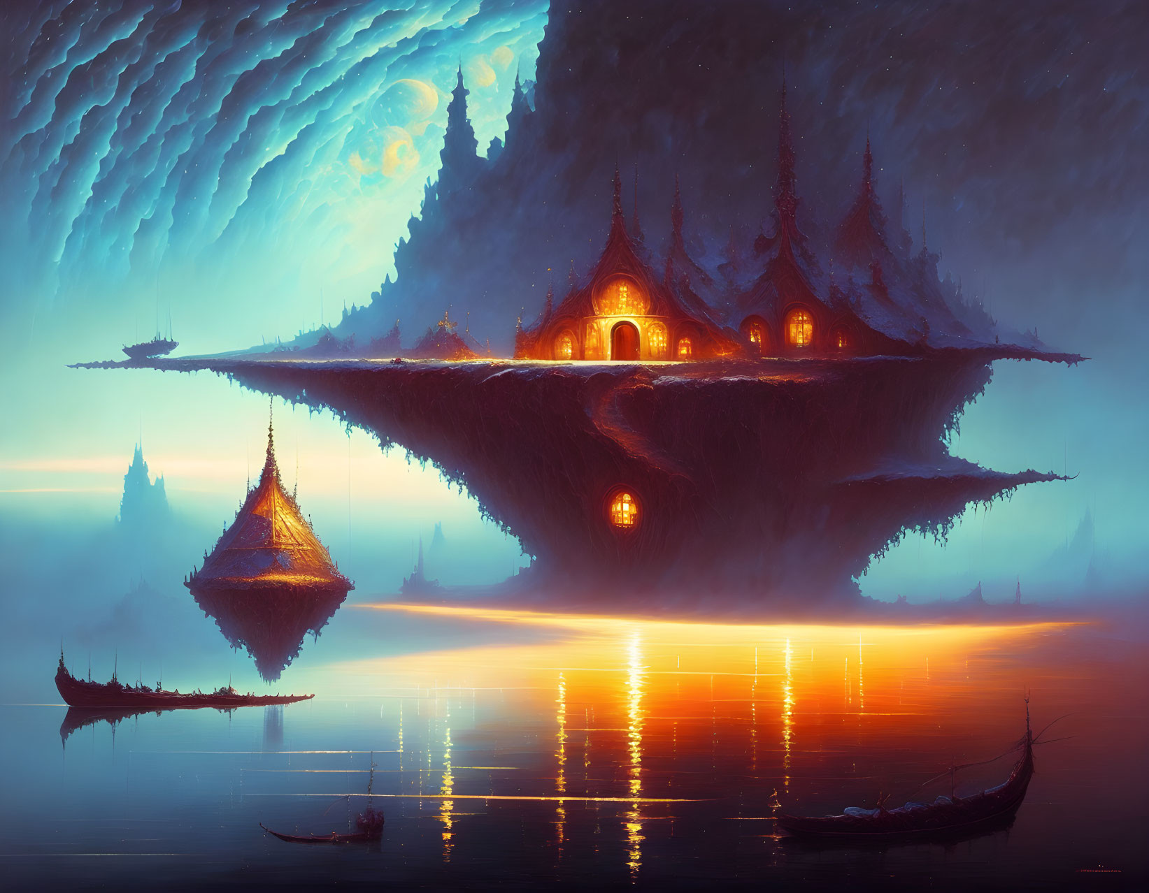 Fantasy landscape with floating islands, illuminated houses, boats, moon, and starry sky.