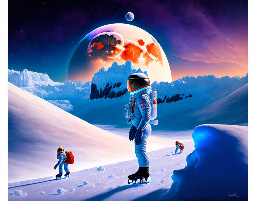 Digital Art: Astronauts on Snowy Alien Landscape with Moon and Planet