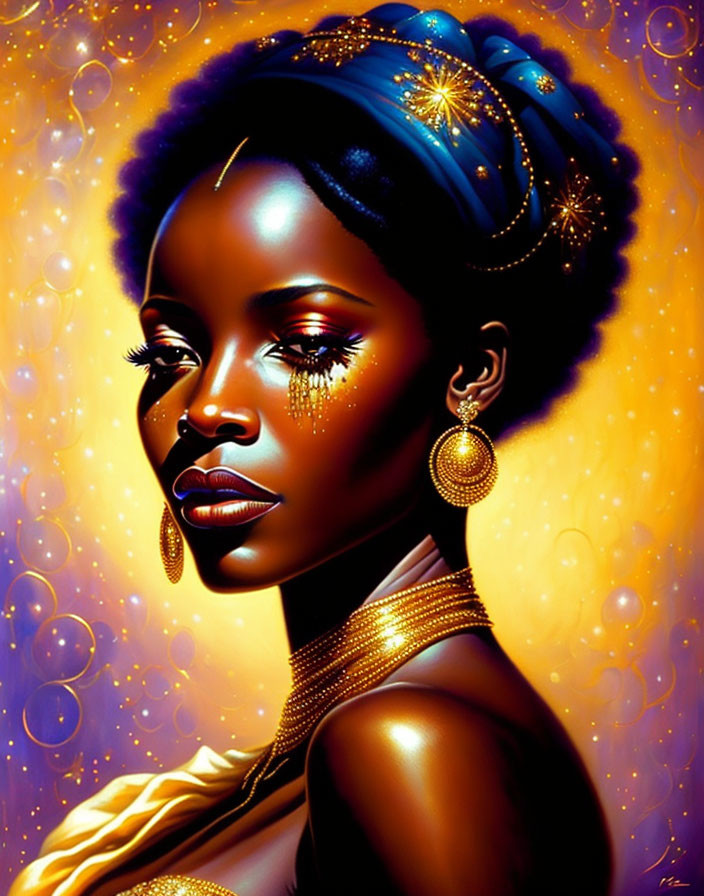 Illustrated portrait of woman with dark skin and golden accessories on warm amber background