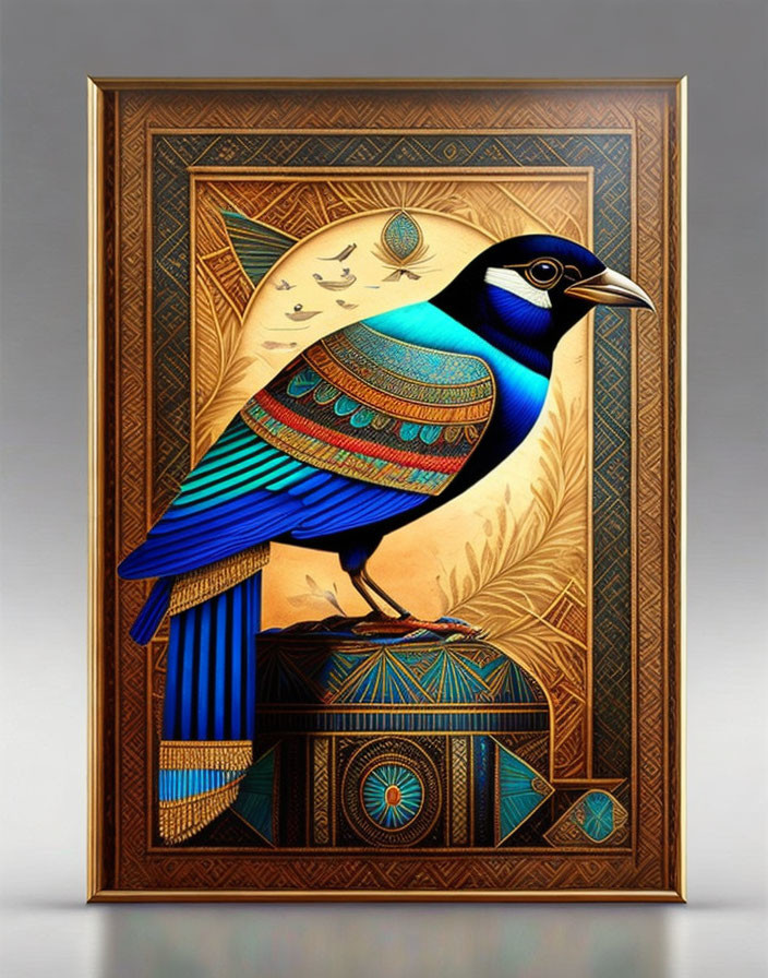 Colorful Bird Illustration on Ornate Decorated Orb in Golden Frame