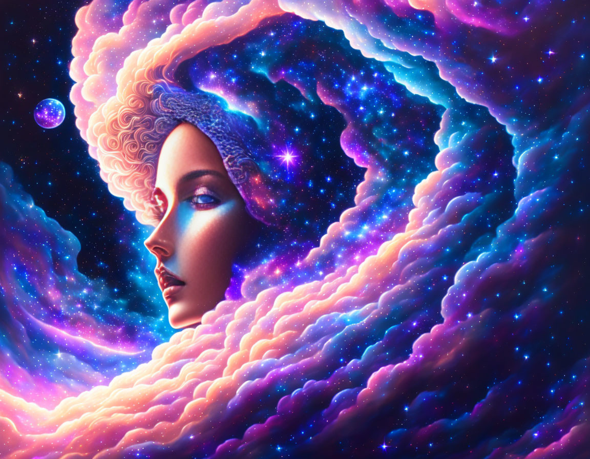 Colorful digital artwork: Woman's face merging with cosmic nebula