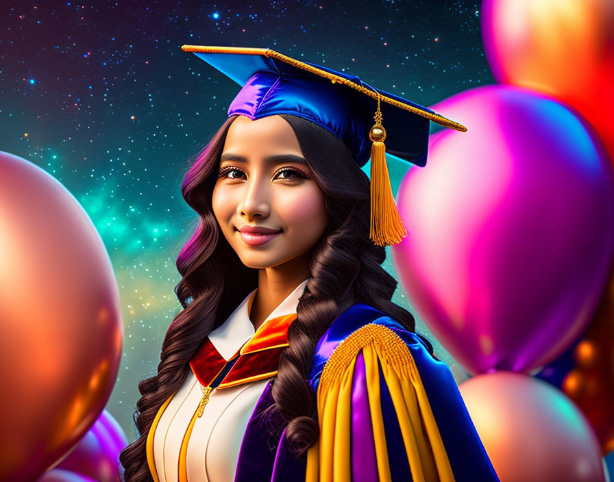 Smiling graduate with cap and gown and balloons on cosmic backdrop