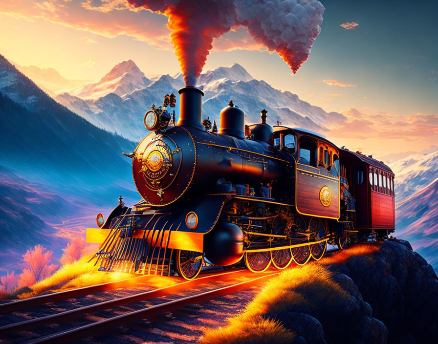 Vintage train chugging through vibrant mountain landscape at sunset