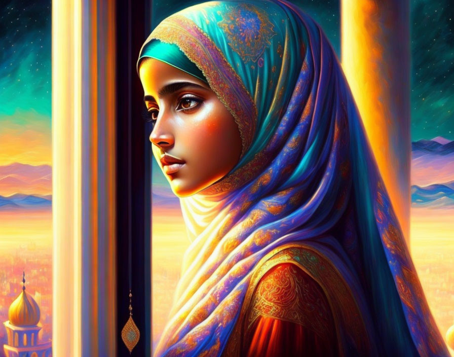 Digital art: girl in hijab by window with scenic backdrop