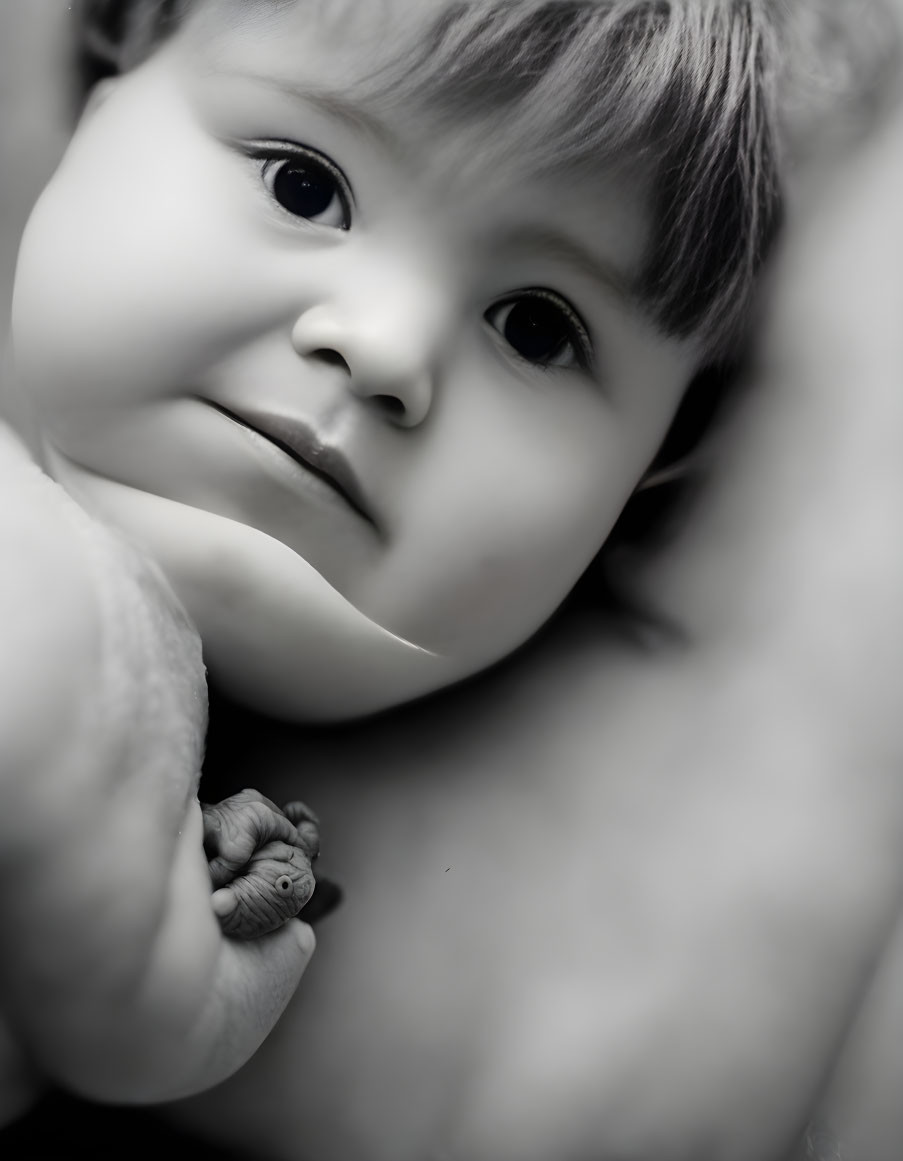 Monochrome photo of cute baby with big eyes and chubby cheek resting on hand