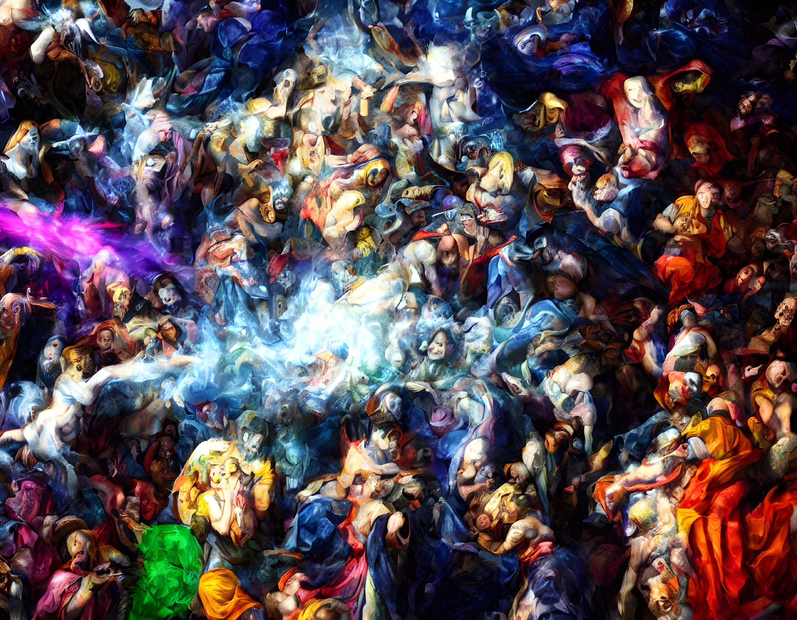 Colorful chaotic painting of dynamic human figures.